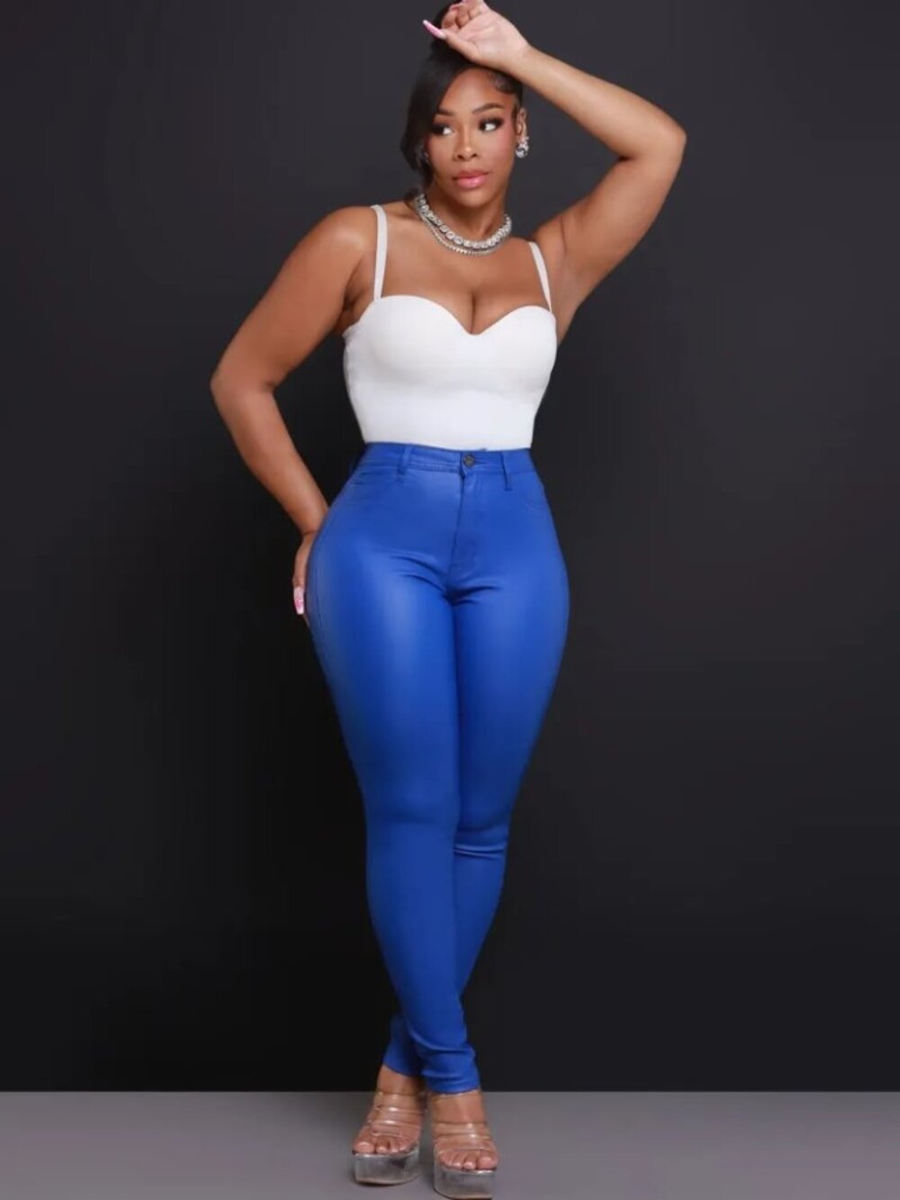 NEW! Royal Blue Faux Leather High Rise Stretch Faux Leather Skinny Jeans Pants